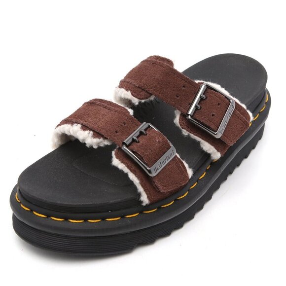 Dr. Martens Suede Leather Sandals Faux Fur Lined DOC MYLES Buckles Slides Brown - Picture 3 of 12